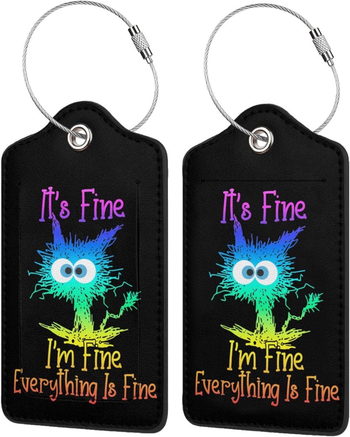 2 Pack Luggage Tags for suitcases Cute Funny I'm Fine It's Fine Color Luggage Tag, Leather Stainless Steel Loop Label Tag for Men Women Travel Bag Suitcase（Black Laser）