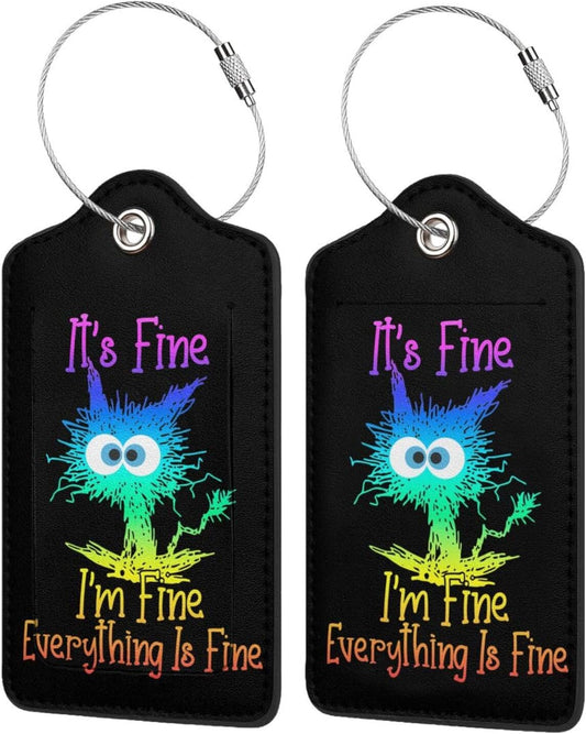 2 Pack Luggage Tags for suitcases Cute Funny I'm Fine It's Fine Color Luggage Tag, Leather Stainless Steel Loop Label Tag for Men Women Travel Bag Suitcase（Black Laser）