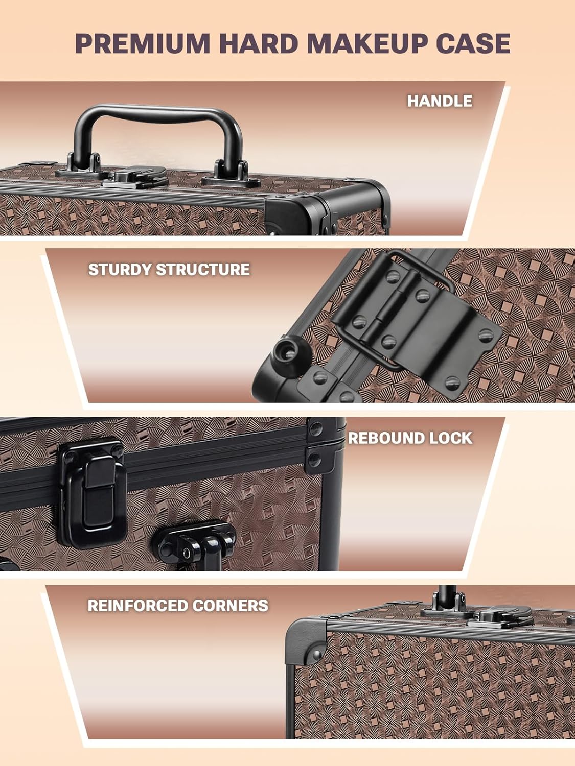 Qislee Makeup Box with A Detachable Lighted Mirror, Waterproof Travel Train Case, Cosmetic Organizer and Makeup Suitcase with Adjustable Dividers, Magnetic LED Mirror(Golden Brown)