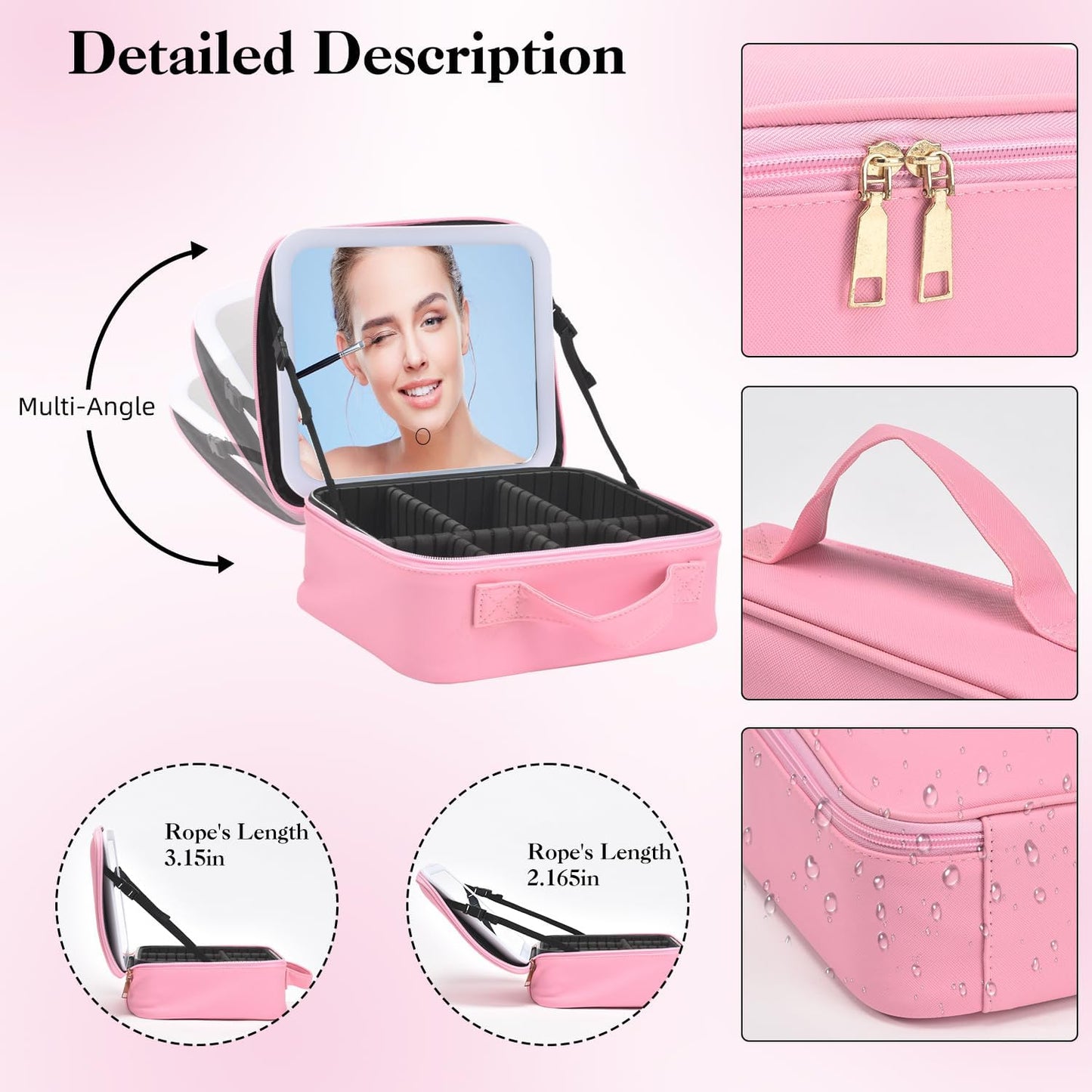 Travel Makeup Bag With LED Mirror,Makeup Travel Train Case with 3 Color Setting,Cosmetic Makeup Organizer Bag with Adjustable Dividers,Portable Make up Bag with Makeup Brush Holder Storage（Pink）