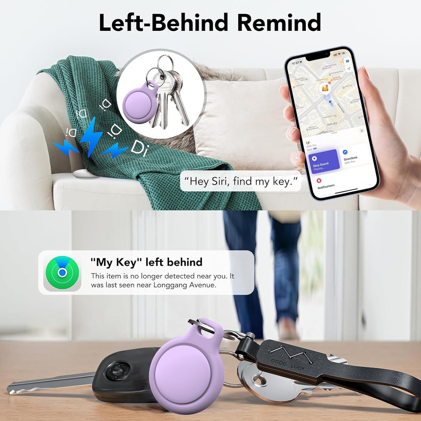 Air Tracker Tags 2-Pack, Item Finders Work for Apple Find My APP(iOS Only) Tracker Tags for Keys, Luggage, Backpack etc,Replaceable Battery, IP67 Waterproof with Holder Keychain, Pink and Light Purple