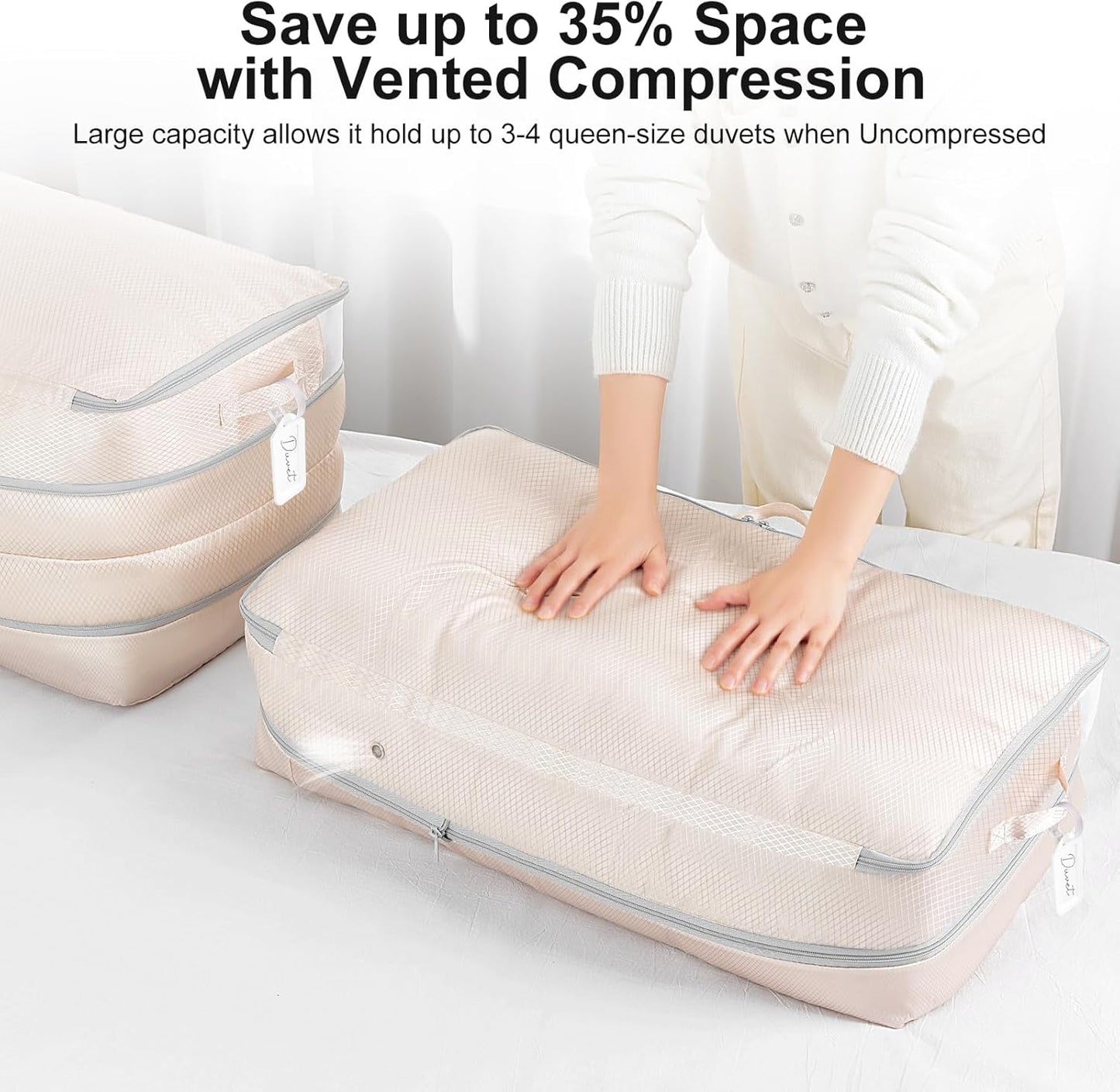 Comforter Storage Bag - Large Capacity Bedding Storage Bags Ultra Space Saving Self Compression Organizer, Washable Compression Bags for Storage Comforter Blanket Duvet Pillow, 4-Pack, Beige