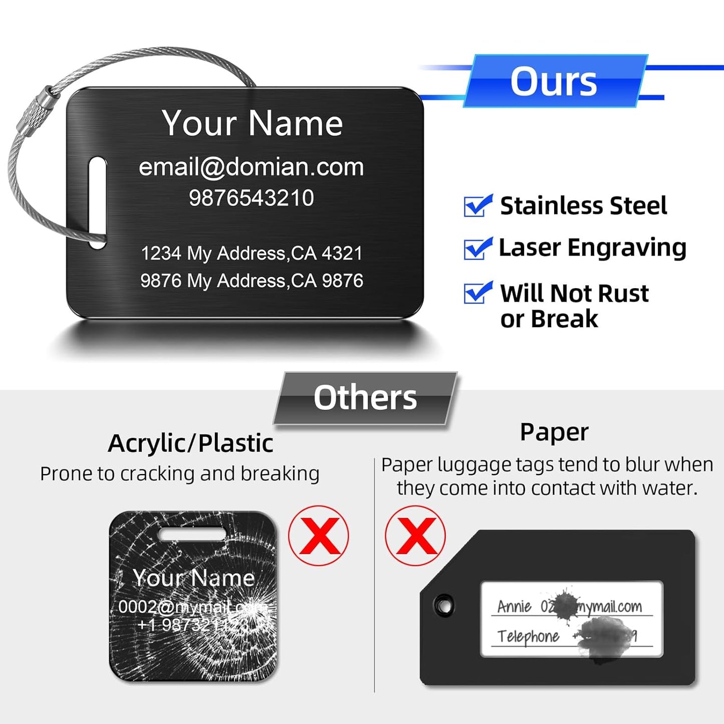 Stainless Steel Personalized Luggage Tags for Suitcases - Custom Name ID Travel Tags for Luggage, Backpacks and Bags - Metal Travel Essentials Accessories for Kids, Women and Men - Bulk Set (3 Pack)