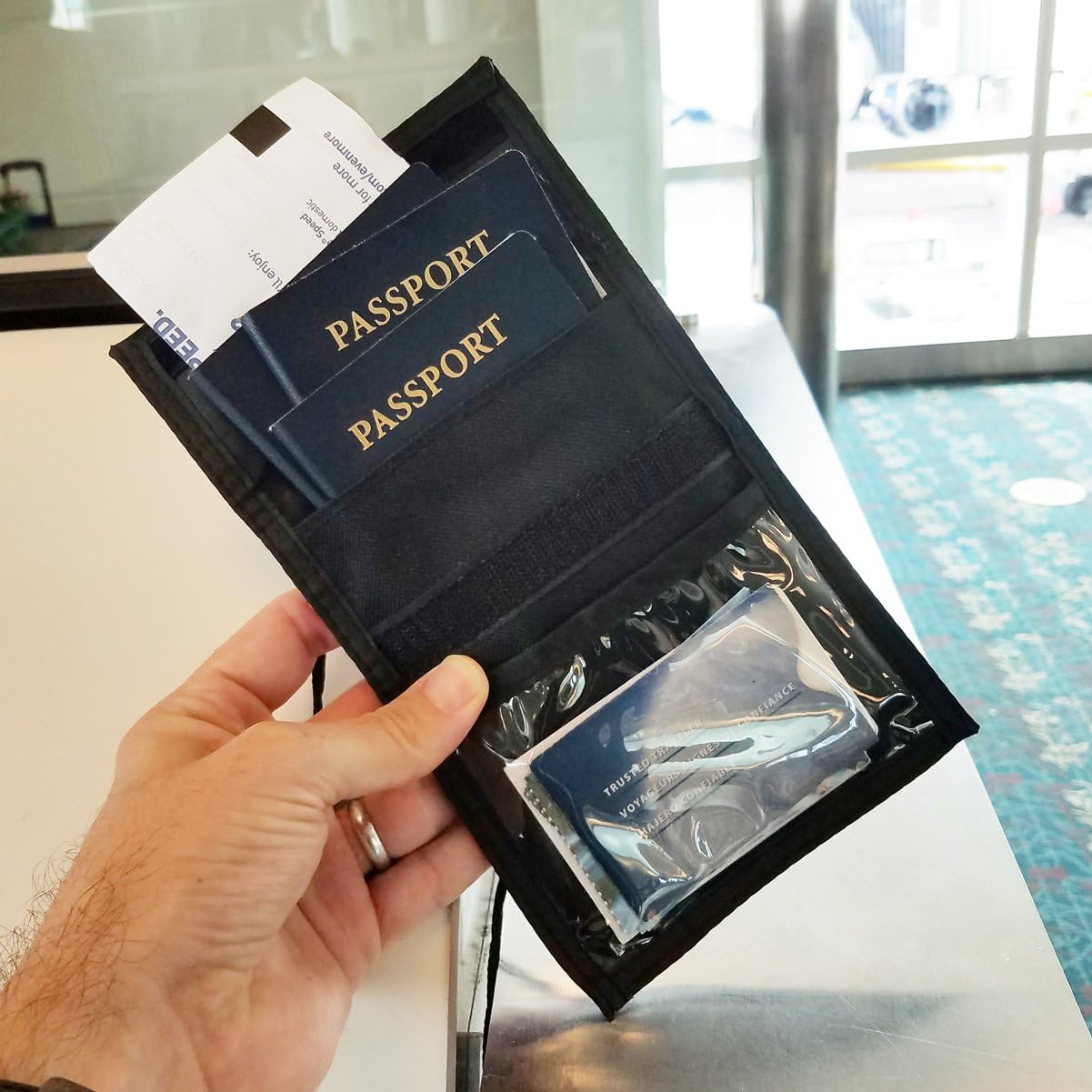 Specialist ID 2 Pack - Travel Passport Wallet - 4 x 3 Display Window - Adjustable Lanyard w/Pen Slots and 3 Pockets for Money, Ticket, Document (Black)