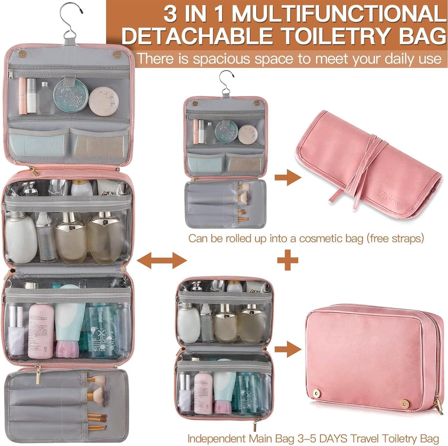 Elviros Hanging Travel Toiletry Bag for Women, 3-in-1 Large Makeup Bag and Cosmetic Organizer, Vegan Leather Waterproof Skincare Case for Travel Size Toiletries and Accessories