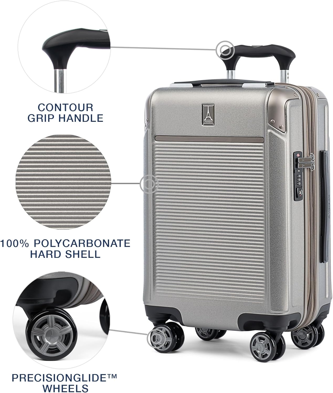 Travelpro Platinum Elite Hardside Expandable Carry on Luggage, 8 Wheel Spinner, TSA Lock, Hard Shell Polycarbonate Suitcase, Metallic Sand, Compact Carry on 20-Inch