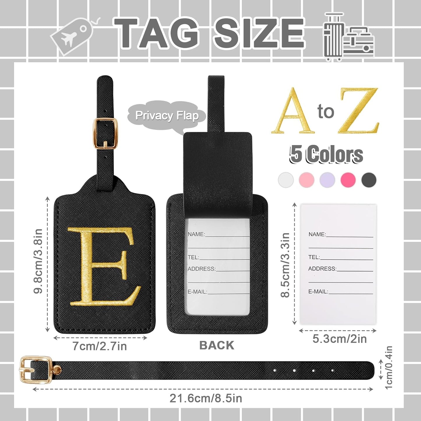 Personalized Initial Luggage Tags for Suitcase TSA Approved, Black Leather Cute Luggage Tag with Privacy Cover Name Card, Embroidered Custom Luggage Tags Travel Backpack Tags Gifts for Women Kids(E)