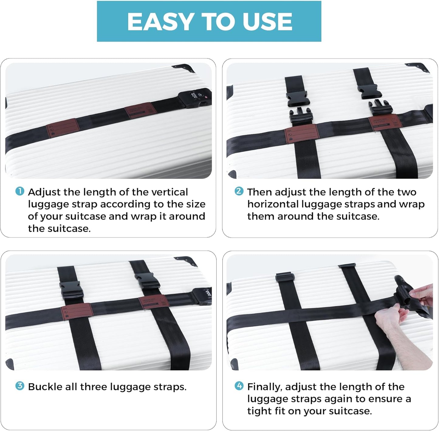 Luggage Straps with TSA Lock, Adjustable Heavy Duty Black Luggage Straps for Suitcase with Reinforced Buckles, Cross Luggage Strap TSA Approved Combination Locks with Name Tags for Travel & Trip