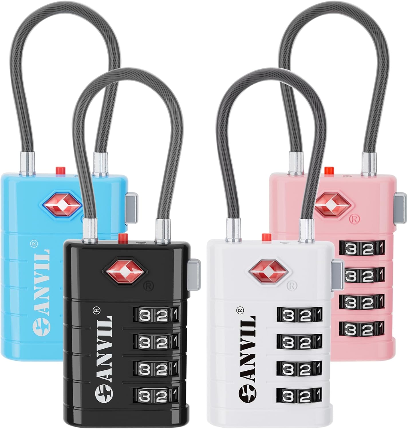 ANVIL 4 Digit Luggage Locks, TSA Locks for Luggage, Advanced TSA008 core, Alert Indicator for Your Travel Lock, Suitcase Lock. (4, 4 Colors)