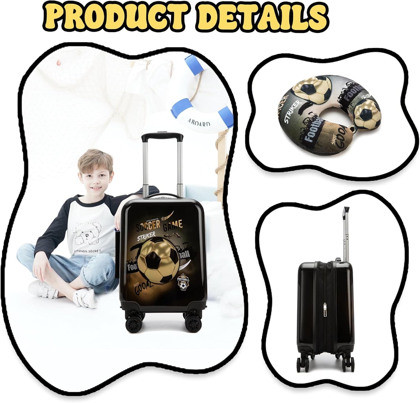 Kids Football Suitcase Set for Boys Hardside Luggage with Spinner Wheels 2 Piece 16inch Toddler Suitcase for Boys Travel Carry on Luggage Airline Approved