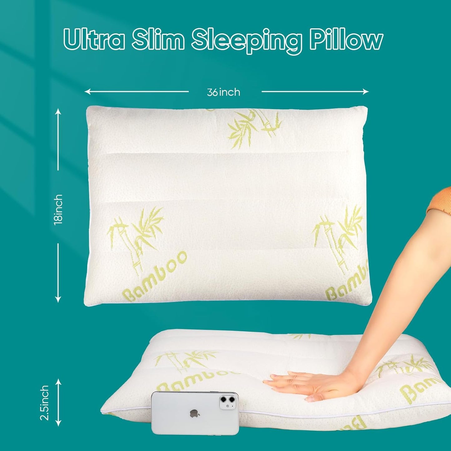 MINUPWELL Ultra Thin Pillows, Flat Pillows for Sleeping Thin, 7D High Support 2.5 inch Height Slim Bed Pillows for Stomach Sleeper, Standard Size -18x36 in - Rayon Derived from Bamboo