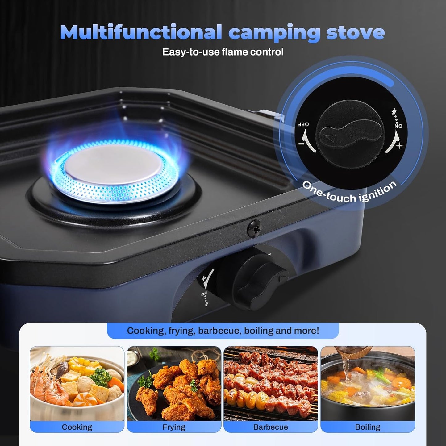 2-Burner Foldable Camping Stove with Griddle and Carrying Bag，16000 BTU Portable Propane Camp Stove with 2 Adjustable Burners & Piezo Ignition, for Camping, Home Backyard, Frying Turkey, Blue