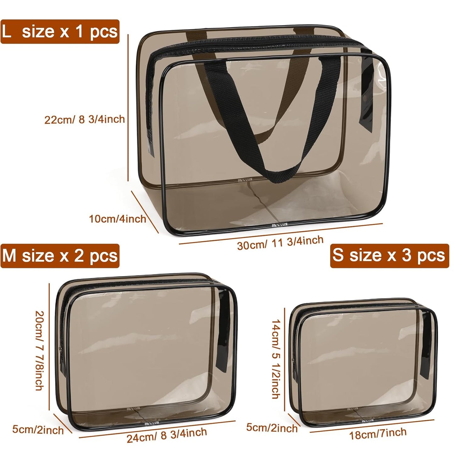 APREUTY Clear Makeup Bags, TSA Approved 6 Pcs Cosmetic Makeup Bags Set Clear PVC with Zipper Handle Portable Travel Luggage Pouch Airport Airline Vacation Organization (Black Brown)