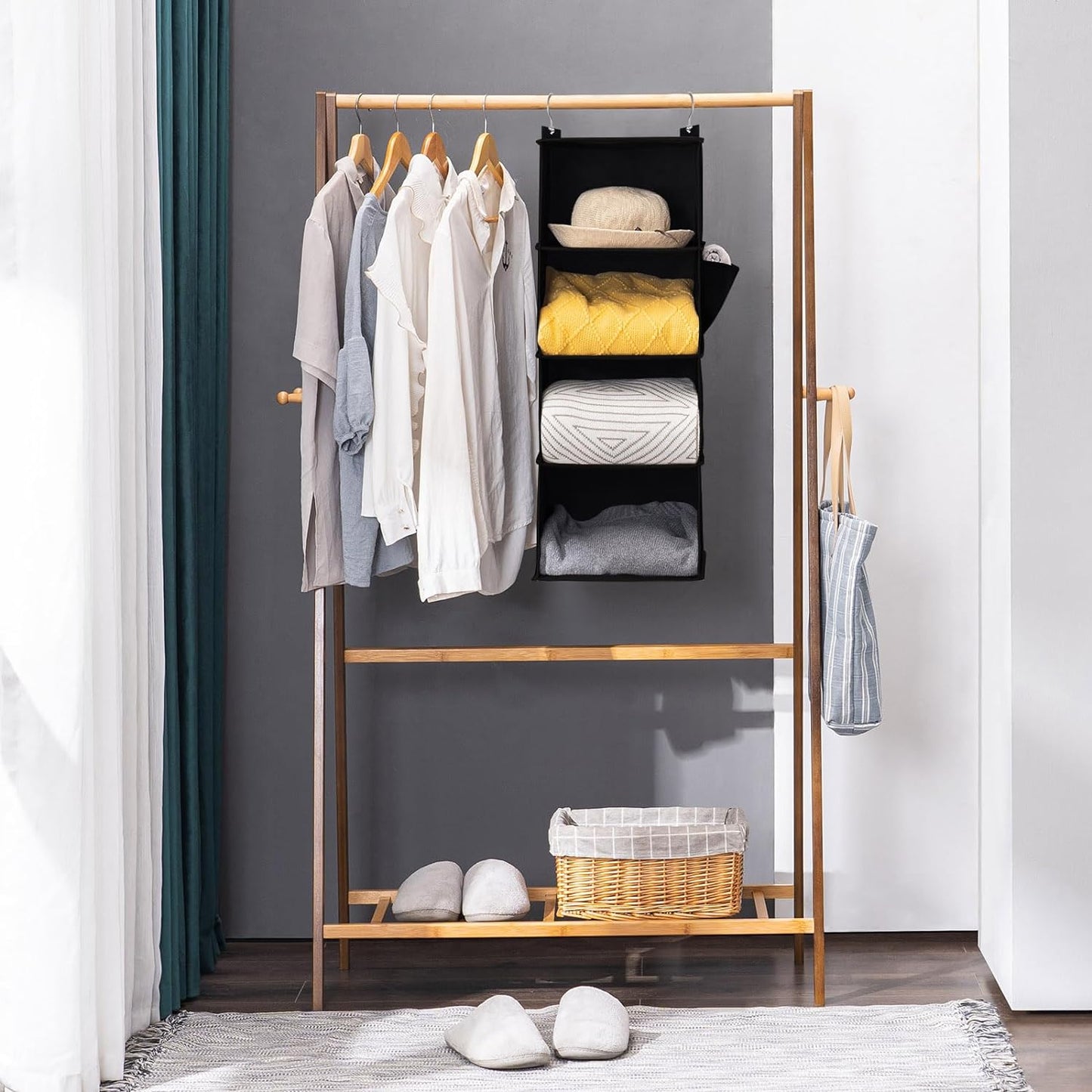 YOUDENOVA Hanging Closet Organizer, 3-Shelf Closet Hanging Storage Shelves, Black