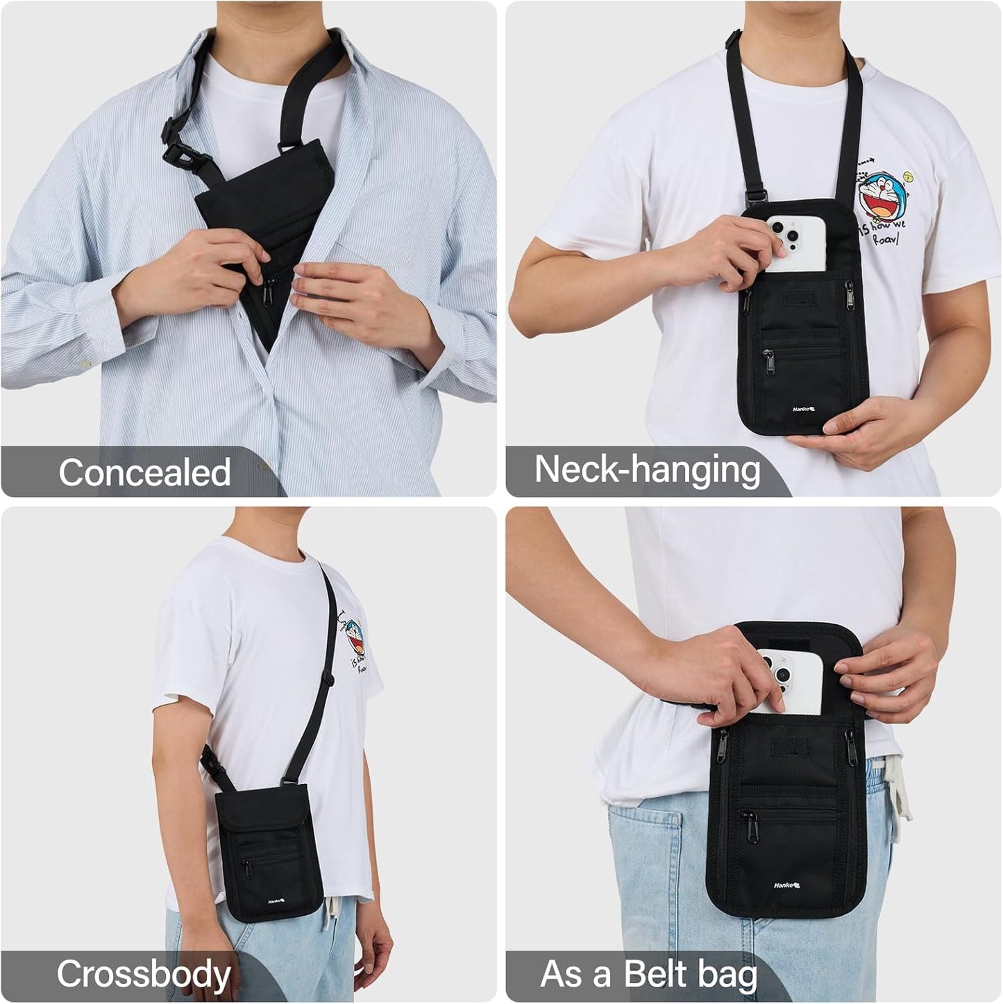 Hanke Passport Holder, Travel Wallet for Womens and Men, Neck Wallet Hidden Passport Pouch for Travel Adjustable Lightweight Thin with 6 compartments (Black)