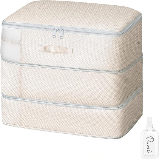 Comforter Storage Bag - Large Capacity Blanket Storage Bags 3-Layer Ultra Space Saving Self Compression Organizer, Washable Compression Bags for Storage Comforter Blanket, 1-Pack, Beige