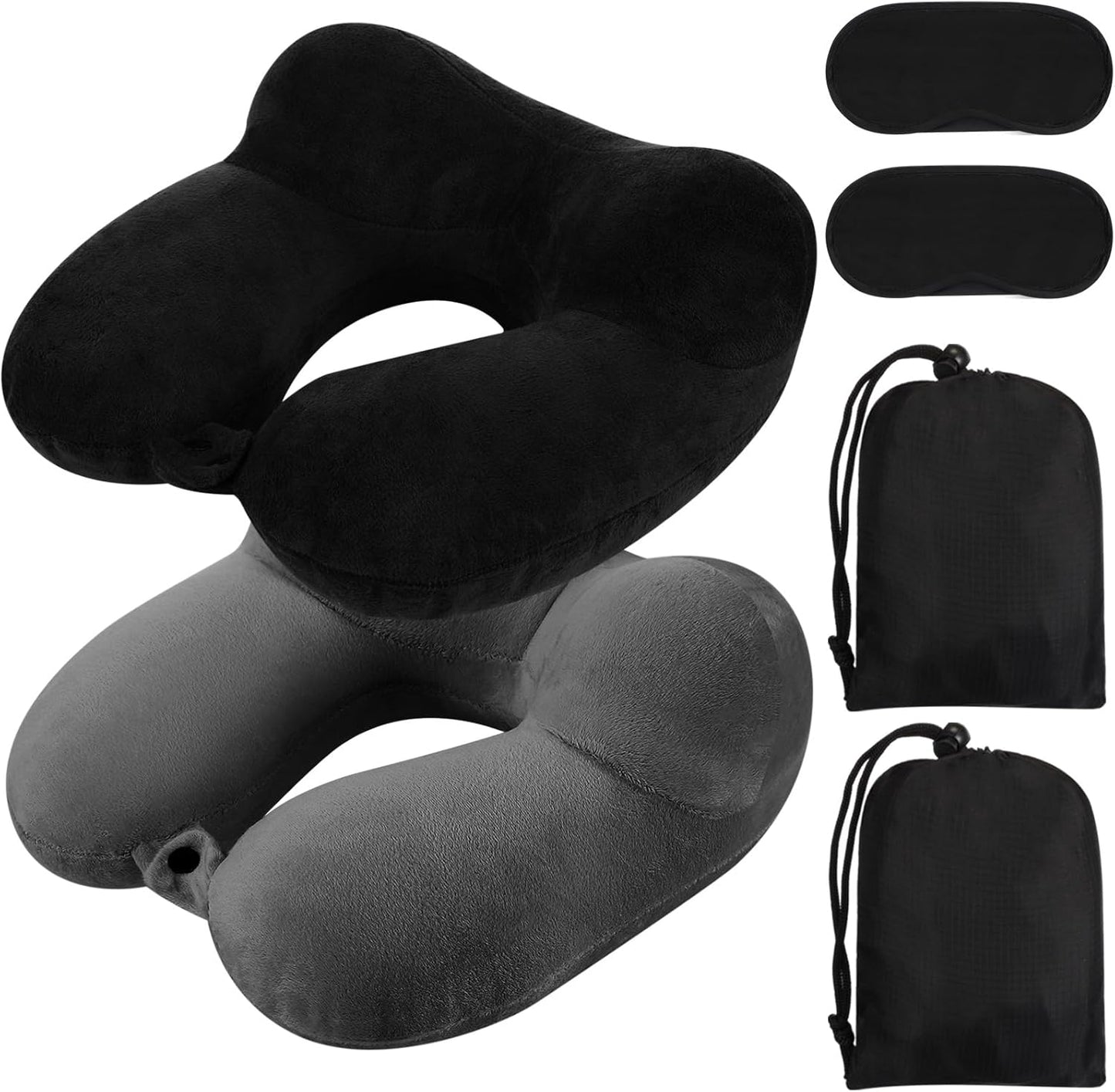 Sintuff 2 Pack Inflatable Travel Pillow for Airplanes Inflatable Neck Flight Pillows with Compact Bag and Blindfold for Traveling, Airplane, Train, Car, Office(Black and Dark Gray)