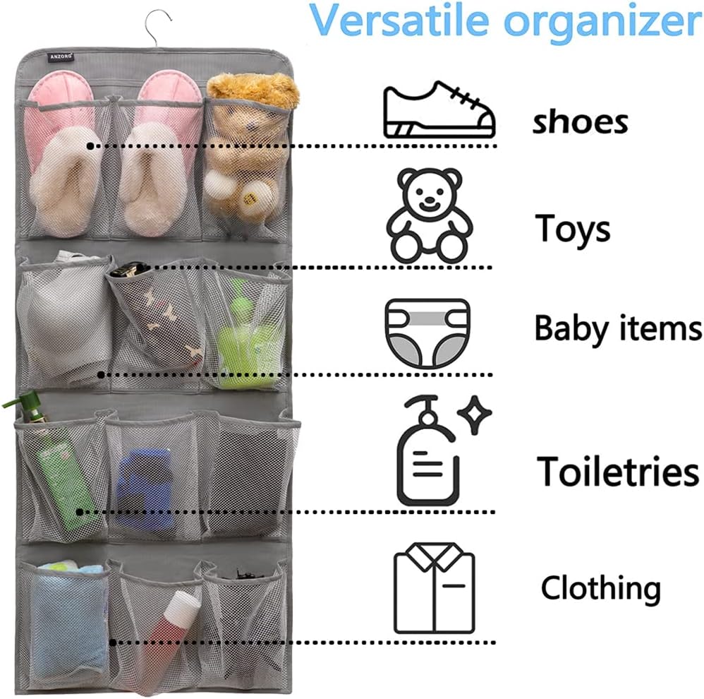 Dual Sided Hanging Shoe Organizer for Closet with Rotating Hanger Hanging Shoe Rack Holder with 24 Large Pockets (Grey-Mesh Pockets)