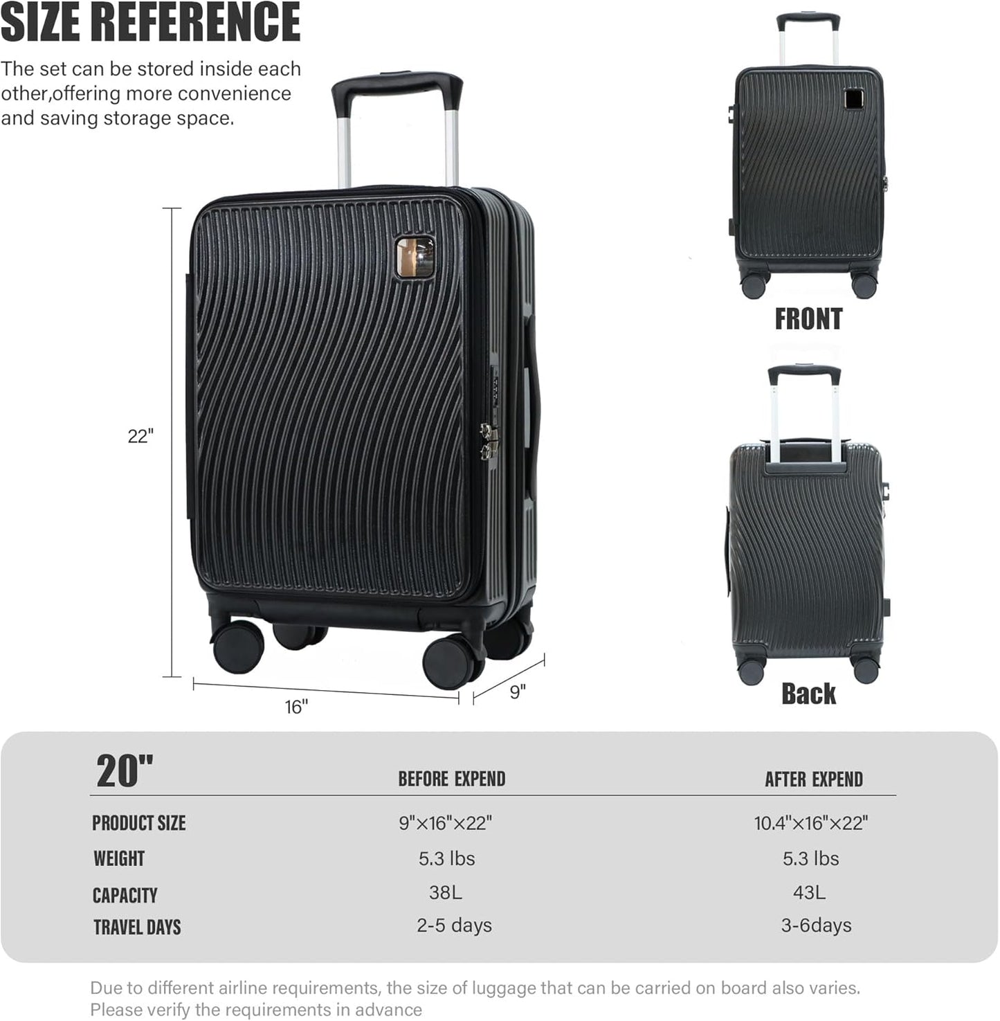 buy 0ne get 0ne free! 20 Inch Expandable Carry on Luggage PC Hard Shell TSA Suitcase Top Opening 360°Rolling Wheels Travel Luggage Suitcase(Black)