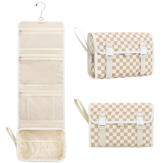 Relavel Hanging Toiletry Bag for Women, Hanging Makeup Organizer with Travel Size Toiletries, Portable Bathroom Travel Bag with Hook for Shaving Kit, Shampoo, Conditioner for Trip - Plaid