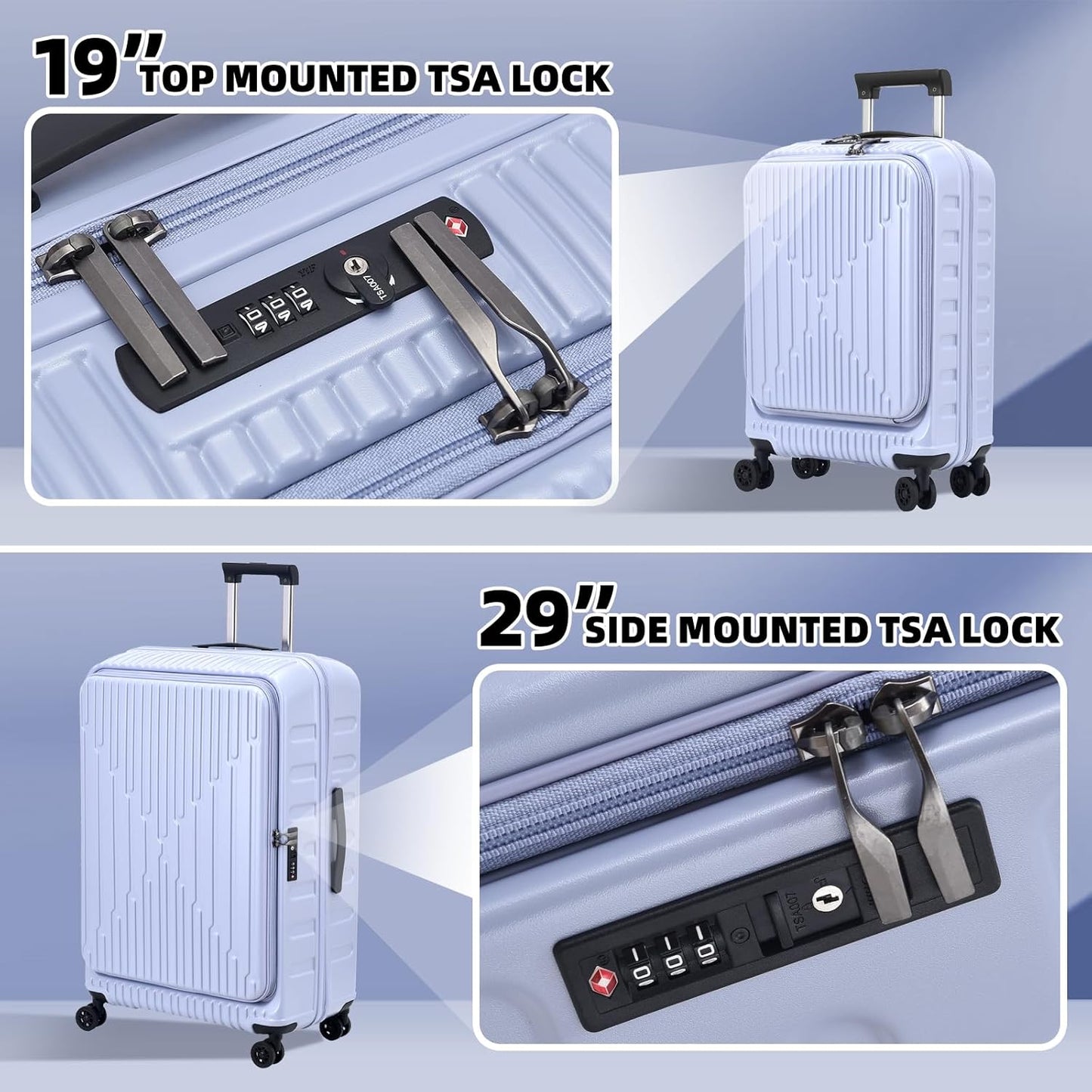 2 Pieces 19/29 Luggage Sets, 19 Inch Carry On Luggage with Front Pocket & 29 Inch Side Opening Suitcase, Ligthweight ABS+PC Hardshell, Lilac Purple