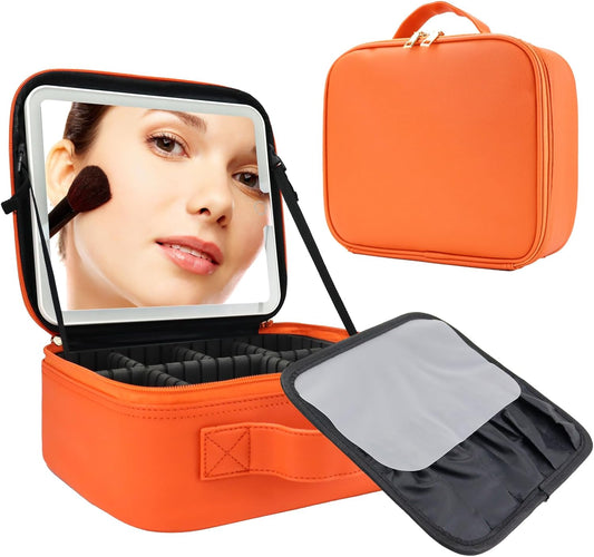 Travel Makeup Bag with LED Mirror Travel Makeup Organizer with 3 Lighted Settings, Adjustable Dividers and Makeup Brush Storage Bag Orange