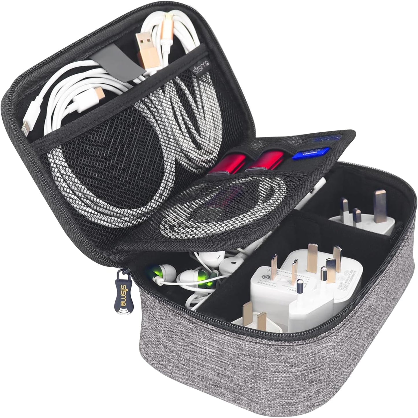 sisma Electronics Cords Organizer Tech Accessories Storage Case Travel Small Carrying Bag for Charging Cables Adapter USB Plugs Power Cord Leads - Grey 1680d