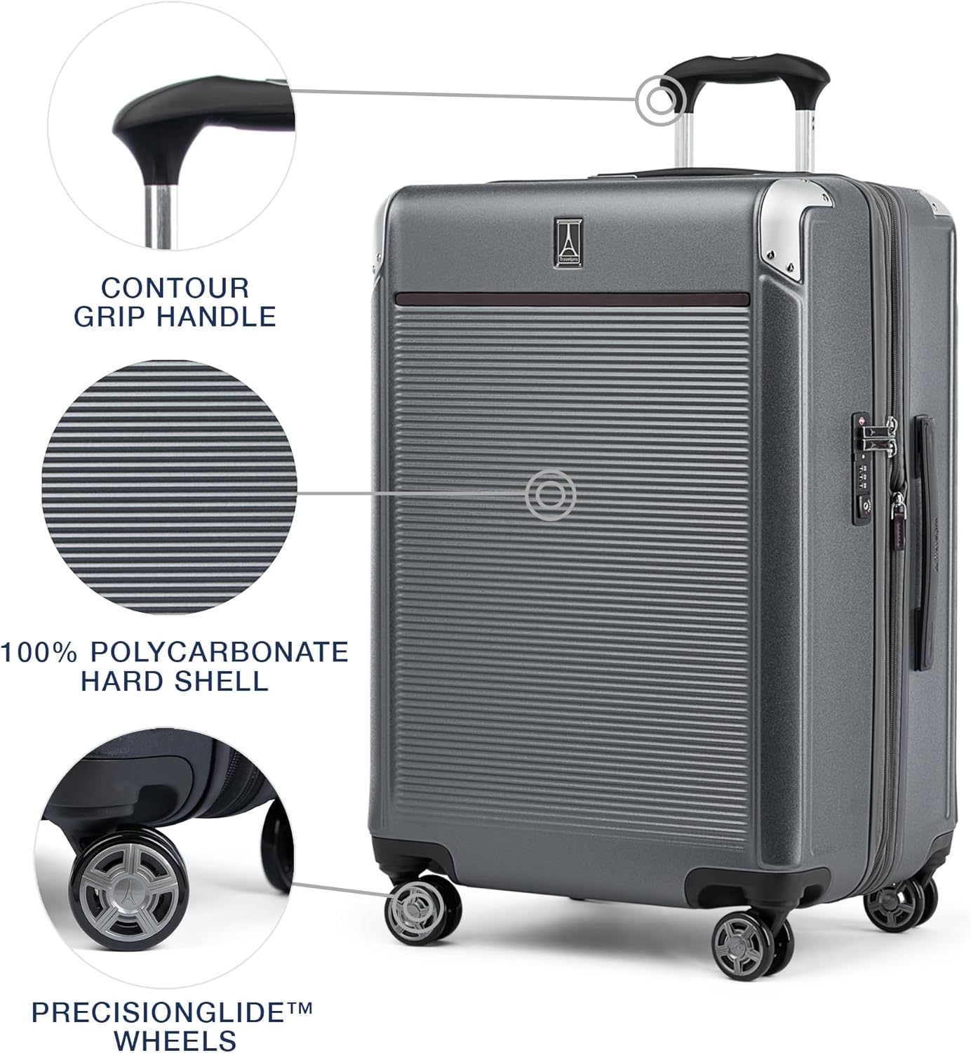 Travelpro Platinum Elite Hardside Expandable Checked Luggage, 8 Wheel Spinner, TSA Lock, Hard Shell Polycarbonate Suitcase, Vintage Grey, Checked Medium 25-Inch