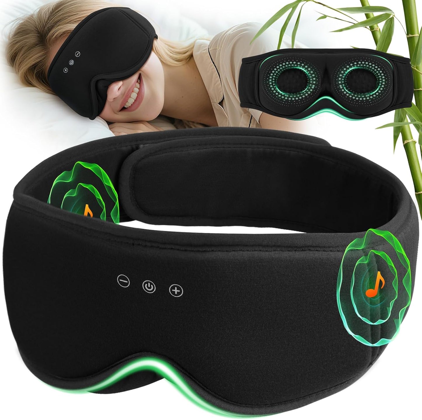 3D Bamboo Cotton Sleep Mask with Bluetooth 5.4 Headphone, Music Wireless Bluetooth Blackout Eye Mask for Side Sleepers, Earphones HD Speaker Microphone for Travel, Gifts for Women Men, Black