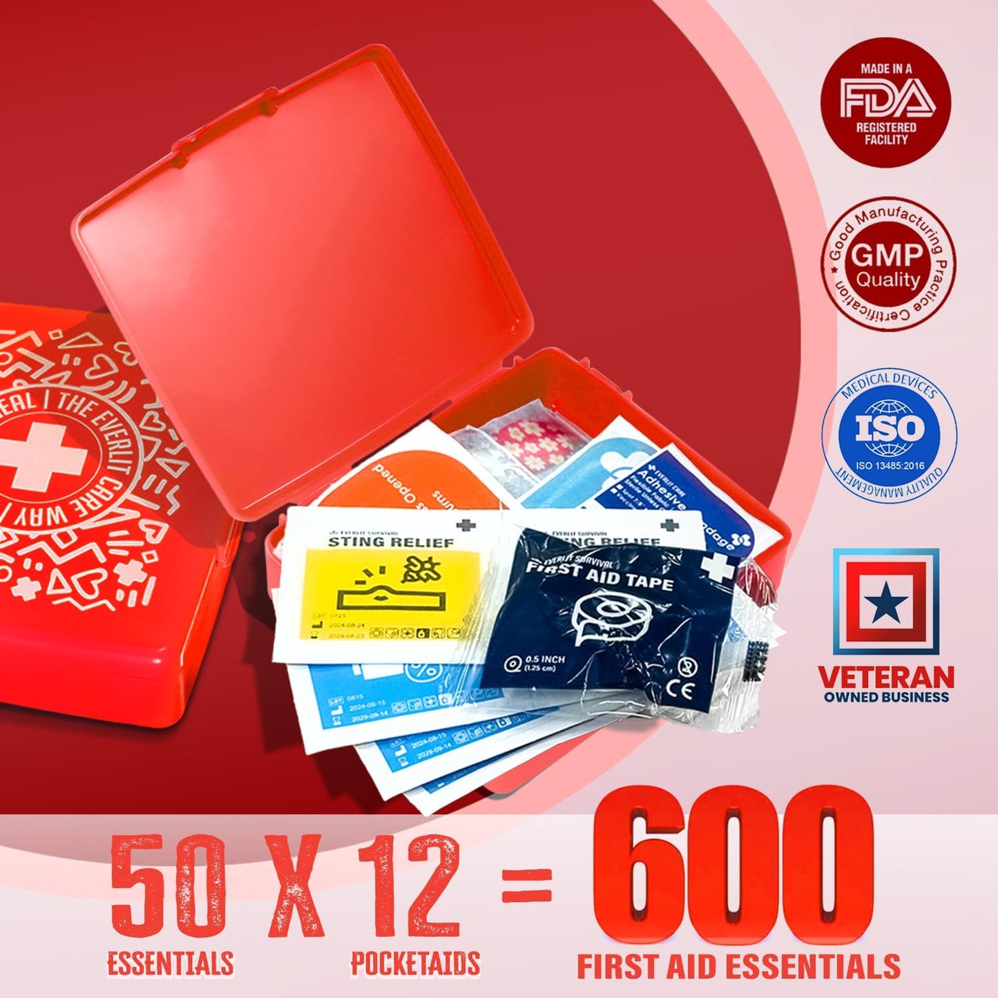 EVERLIT Pocket-Aid Mini First Aid Kit | Compact, Portable Hard-Shell Cases of 50 Items | Cuts, Scrapes, Wound Care Essentials for Travel, Outdoor, School, Camping, Home, Office (12 Packs | 600 Pcs)