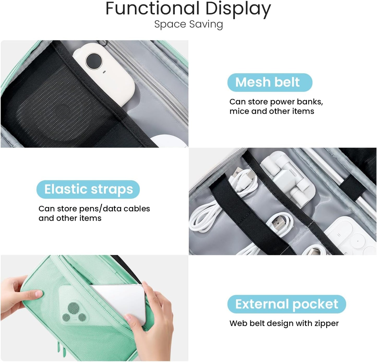 Electronics Organizer Bag, Portable Cable Organizer Case Travel Electronic Accessories Storage Case - Travel storage bag for Cables, Chargers, Phone, SD Cards - Green