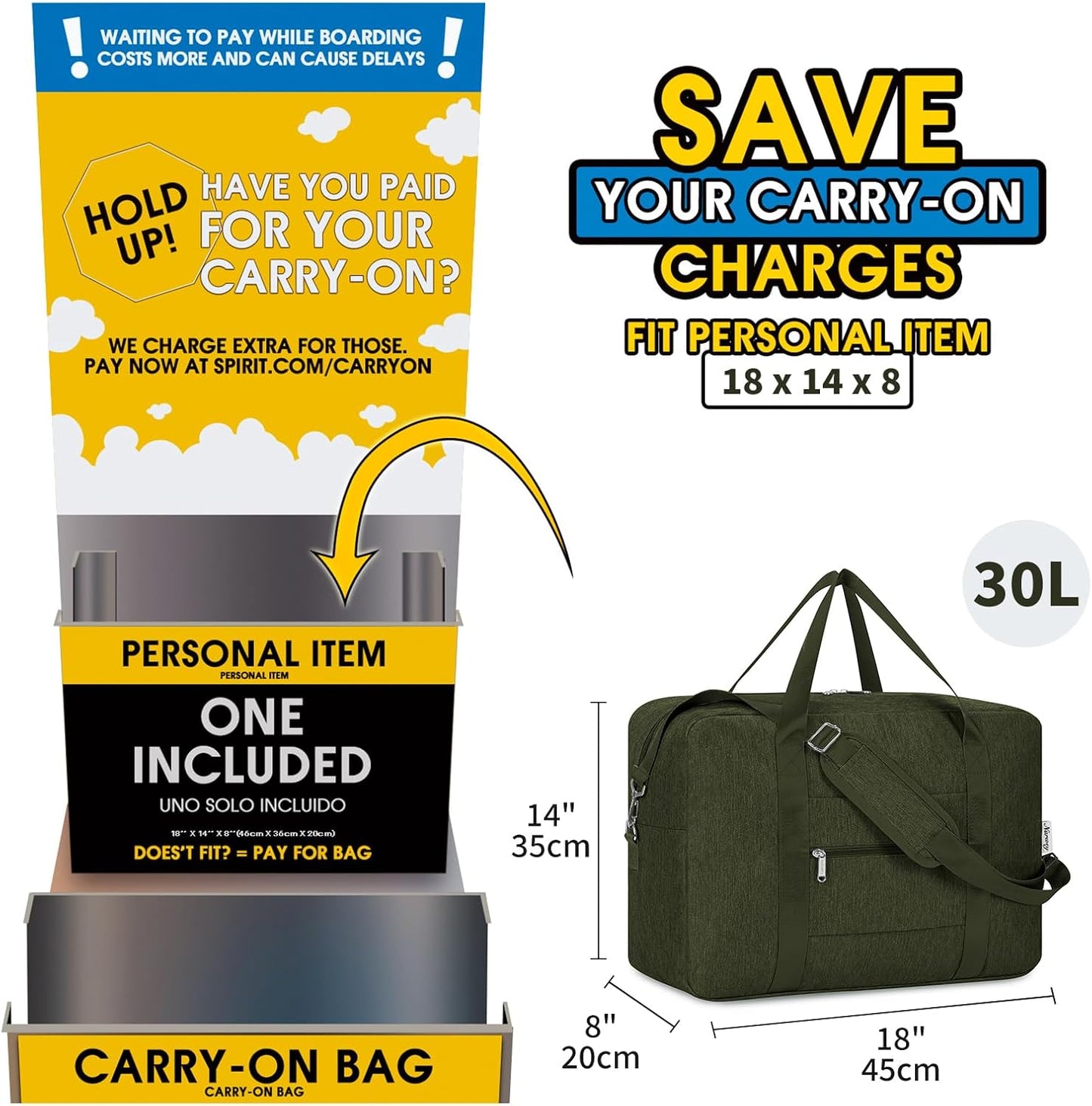 For Spirit Airlines Personal Item Bag 18x14x8 Foldable Travel Duffel Bag Underseat Carry on Luggage for Women and Men 30L (Army Green)