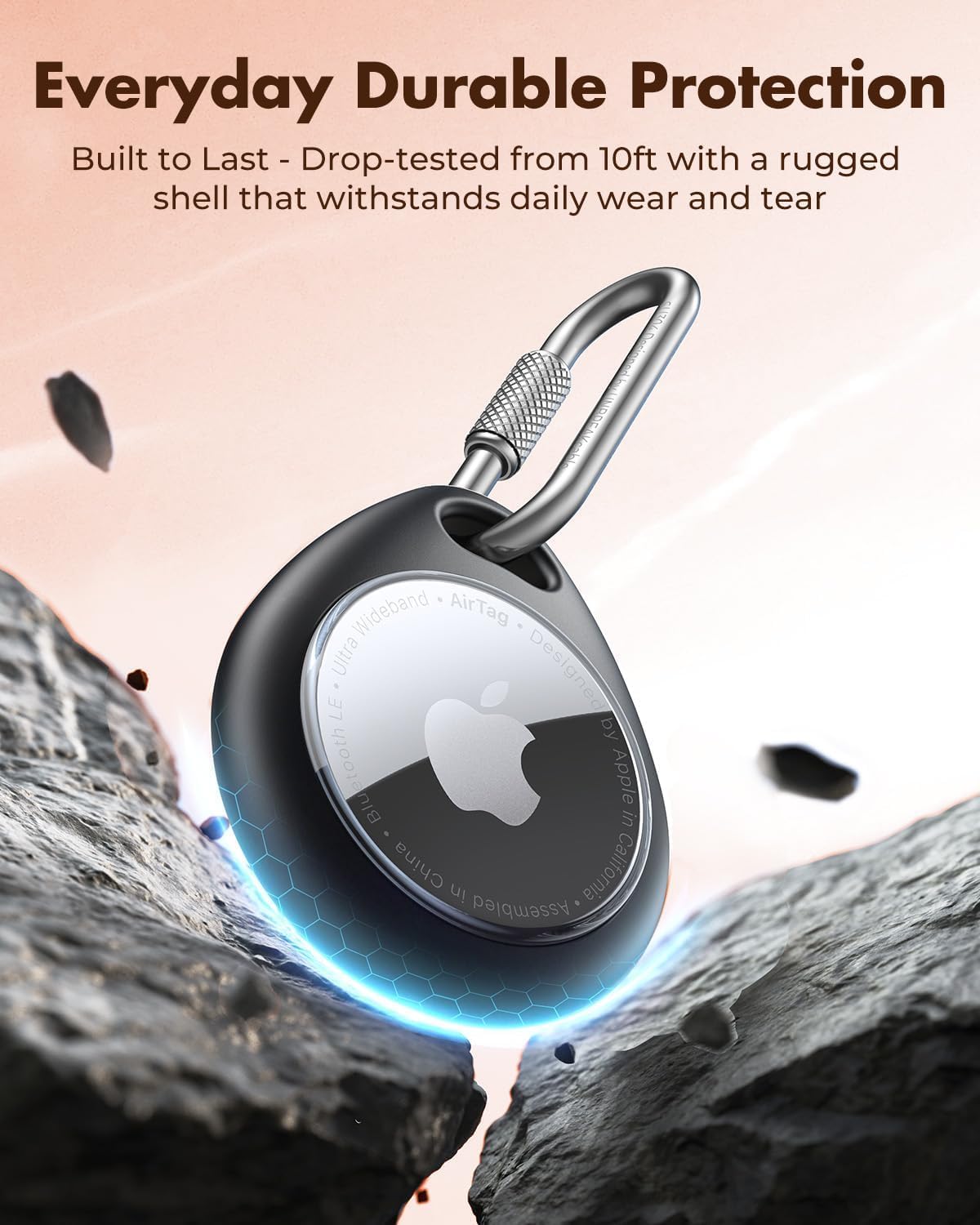 UNBREAKcable AirTag Holder for Apple - 4 Pack Air Tag Case [Professional Carabiner] [Waterproof] [Shockproof] TPU AirTag Keychain for Kids, Pets, Keys, Luggage, Backpacks