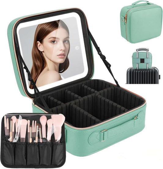Travel Makeup Bag with LED Mirror, Cosmetic Bags for Women with Light up Mirror, Travel Essentials Makeup Organizer, Makeup Case with Adjustable Dividers and Brush Holder, 3 Color Lights