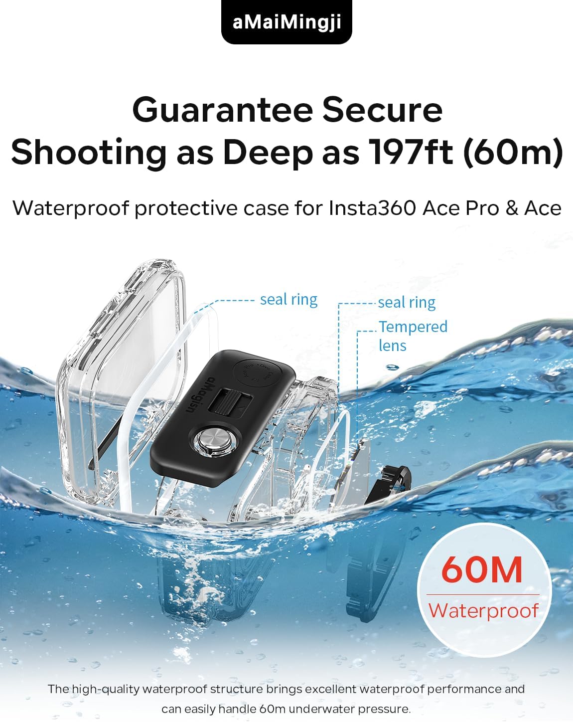 Underwater Dive Case for Insta360 Ace Pro/Ace, 60M/196FT Waterproof Case, Protective Diving Water Housing Cover Shell for Insta360 Ace Pro Action Camera, for Insta360 Ace Pro Accessories