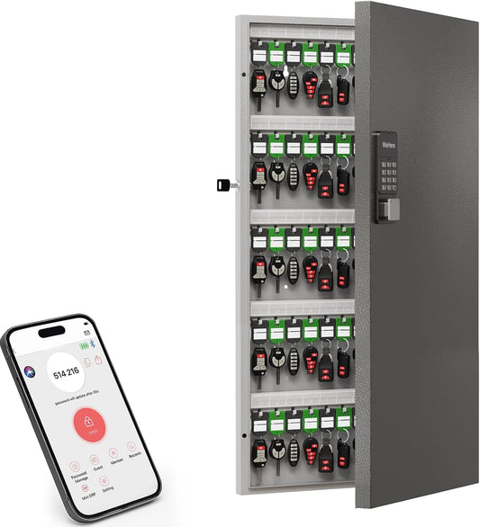 120 Key Lock Box,Metal Key Cabinet Organizer Wall Mount use OTP Technology Unlock,Fixed Password/Bluetooth Unlock, App Remotely Generates Pin Codes Without Internet,Great for Key Hook & Storage