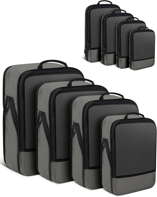 4 PCS Set Compression Packing Cubes for Travel, Lightweight Packaging Organizer Bags for Carry On Space Saving, Travel Essentials Cubes for Suitcase Backpack, Grey