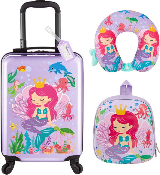 Sanwuta 4 Pcs Kids Luggage Set Kids Backpack Travel Rolling Suitcase with Wheels U-shape Pillow Childrens Gift for Girls Boys(20 Inch,Mermaid Style,Purple)