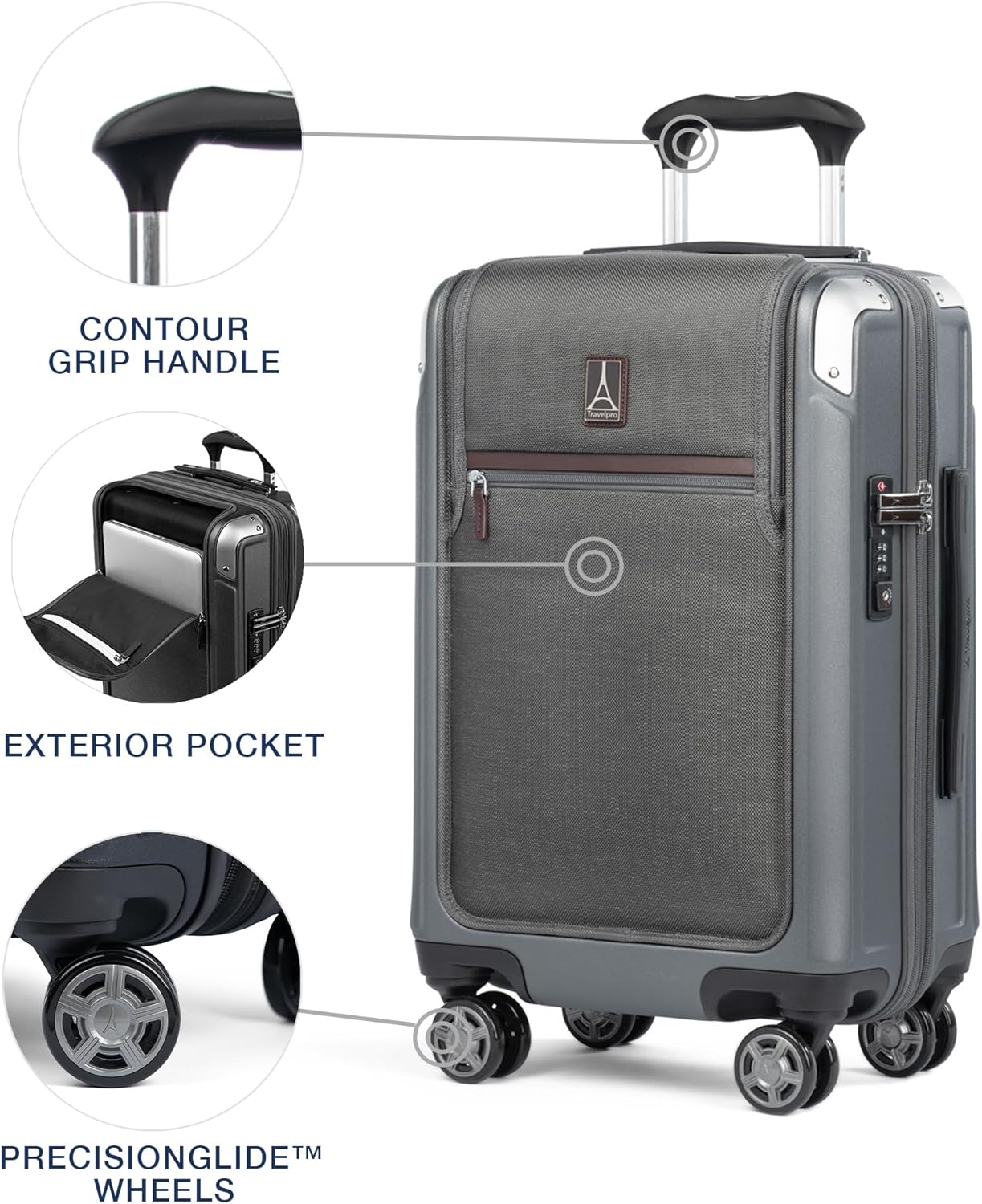 Travelpro Platinum Elite Hardside Expandable Carry on Luggage, 8 Wheel Spinner, TSA Lock, Hard Shell Polycarbonate Suitcase, Vintage Grey, Carry on Laptop Pocket 21-Inch