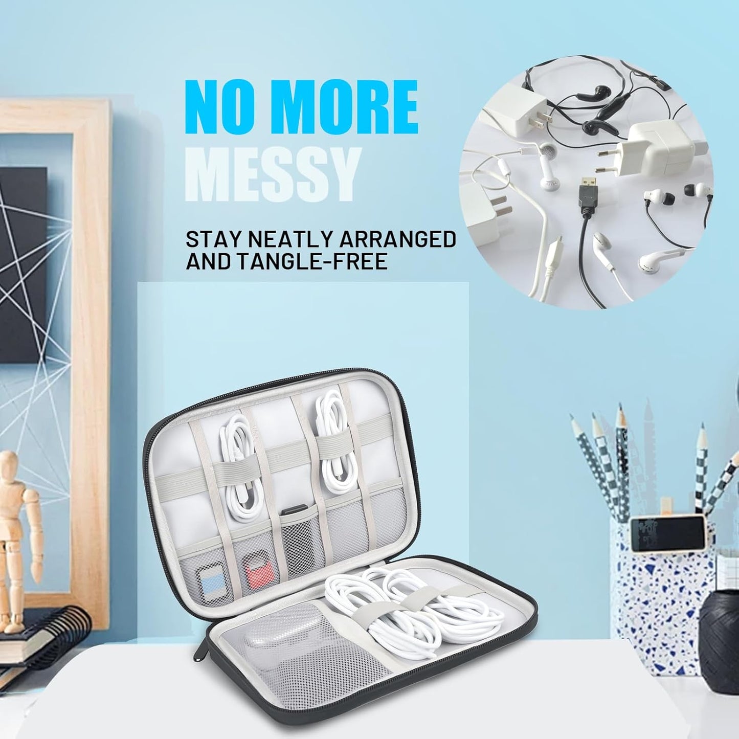 Travel Cable Organizer Bag, Electronics Organizer Tech Pouch with Double Layers for Cords, Chargers, Phone, Earphones, USBs, SD Cards - Travel Essentials Portable Waterproof Tech Pouch