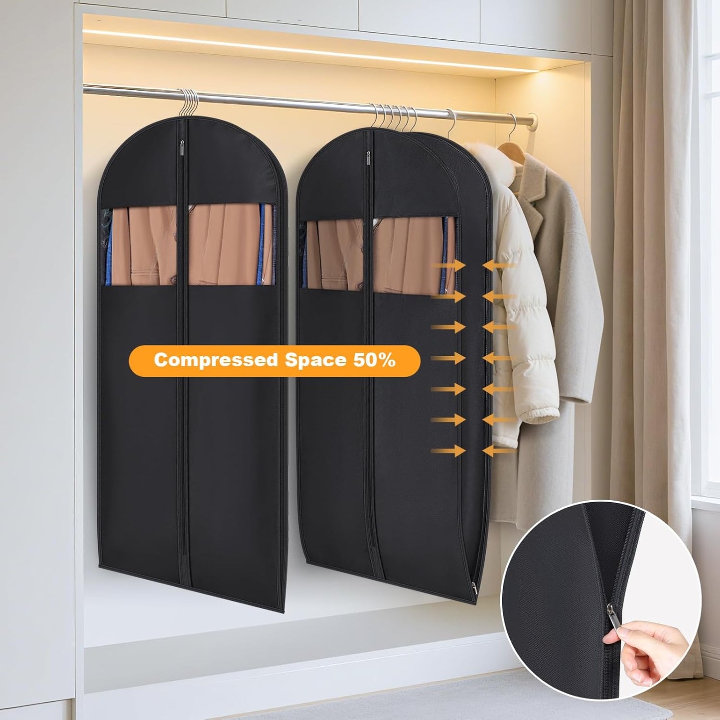Syeeiex 54'' Space Saving Hanging Garment Bag with Self Compression Zipper(2PCS) - Save 50% Space, Garment Bags for Hanging Clothes with 8'' Gussets, Can Hold 6 Down Coats, 8 Winter Coats or 20 Shirts
