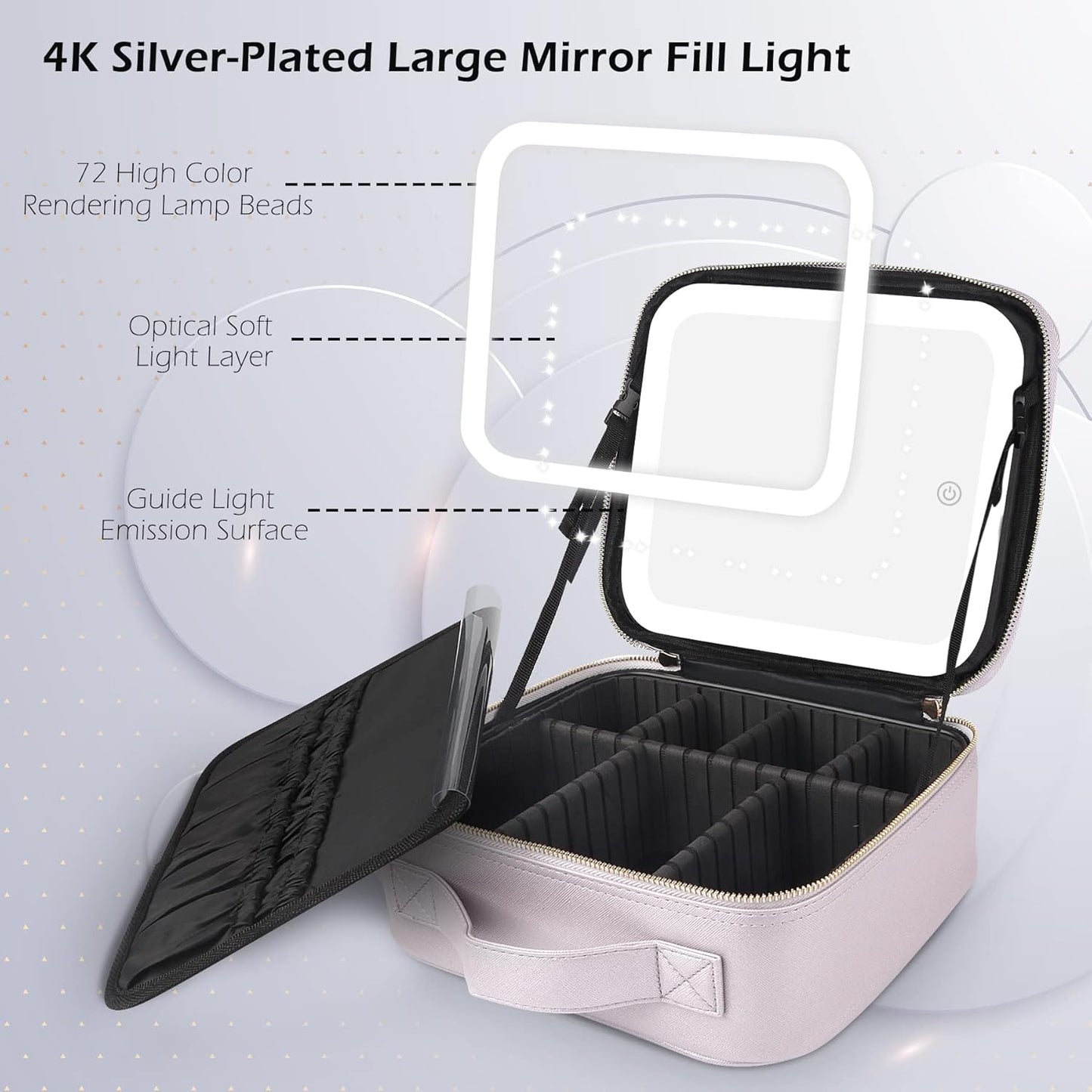 MOMIRA Travel Cosmetic Train Case with Lighted Mirror 3 Color Scenarios Cosmetic Bag Organizer with Adjustable Dividers Makeup Storage for Women, Makeup Accessories & Tools Case Violet Grey