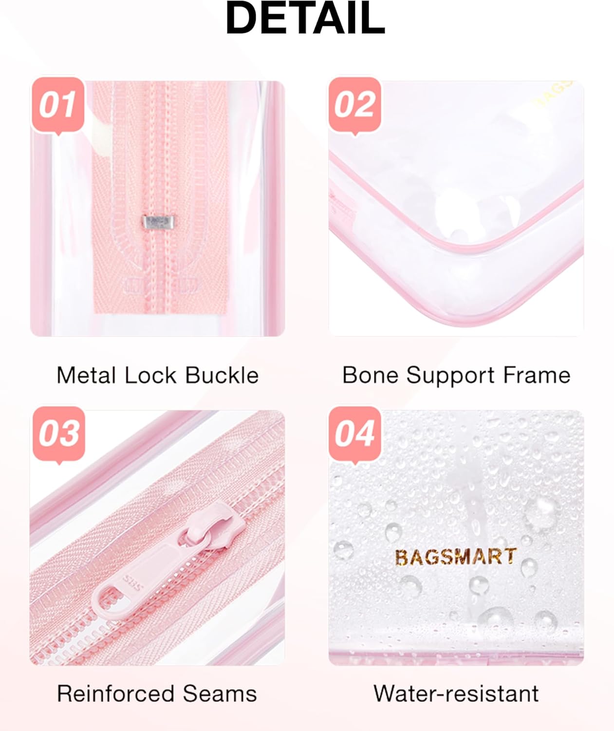 BAGSMART Clear Toiletry Bag, TSA Approved Travel Toiletry Bag Carry On Travel Accessories Bag Airport Airline Quart Size Bags water-resistant Makeup Bag for Women