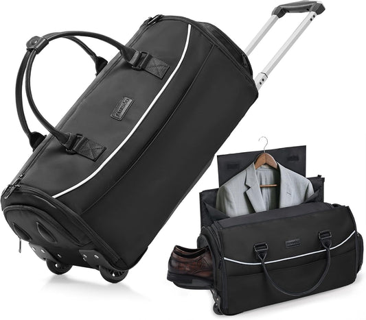 Fanwoli 3-in-1 Rolling Garment Bag for Travel, Wheeled Carry-On Luggage with Shoe Storage & Detachable Organizer, Wrinkle-Free Compartment for Suits/Dresses/Wedding Gowns, Fits Most Airline Size
