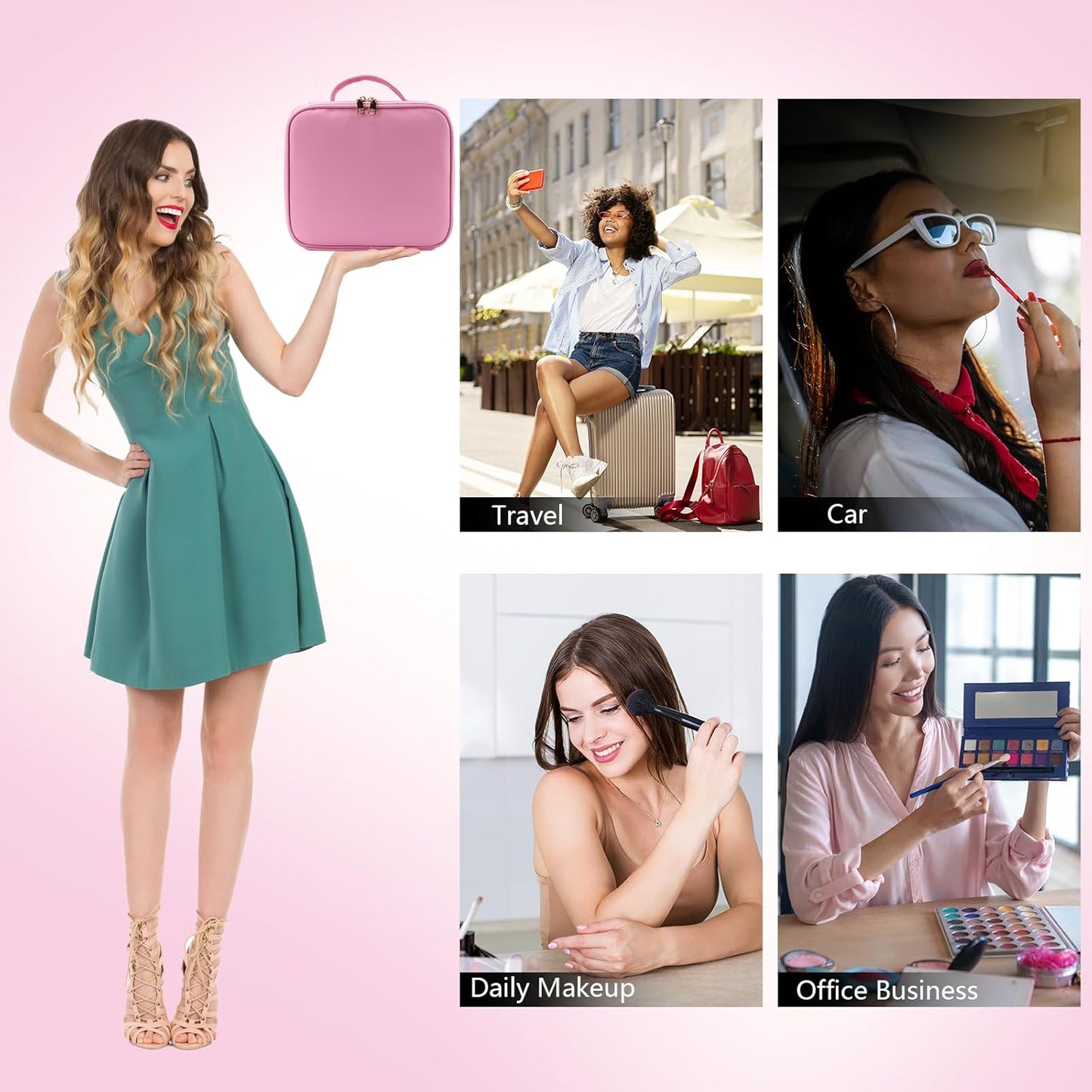 Travel Makeup Bag with LED Mirror Travel Makeup Organizer with 3 Lighted Settings, Adjustable Dividers and Makeup Brush Storage Bag Dark Pink