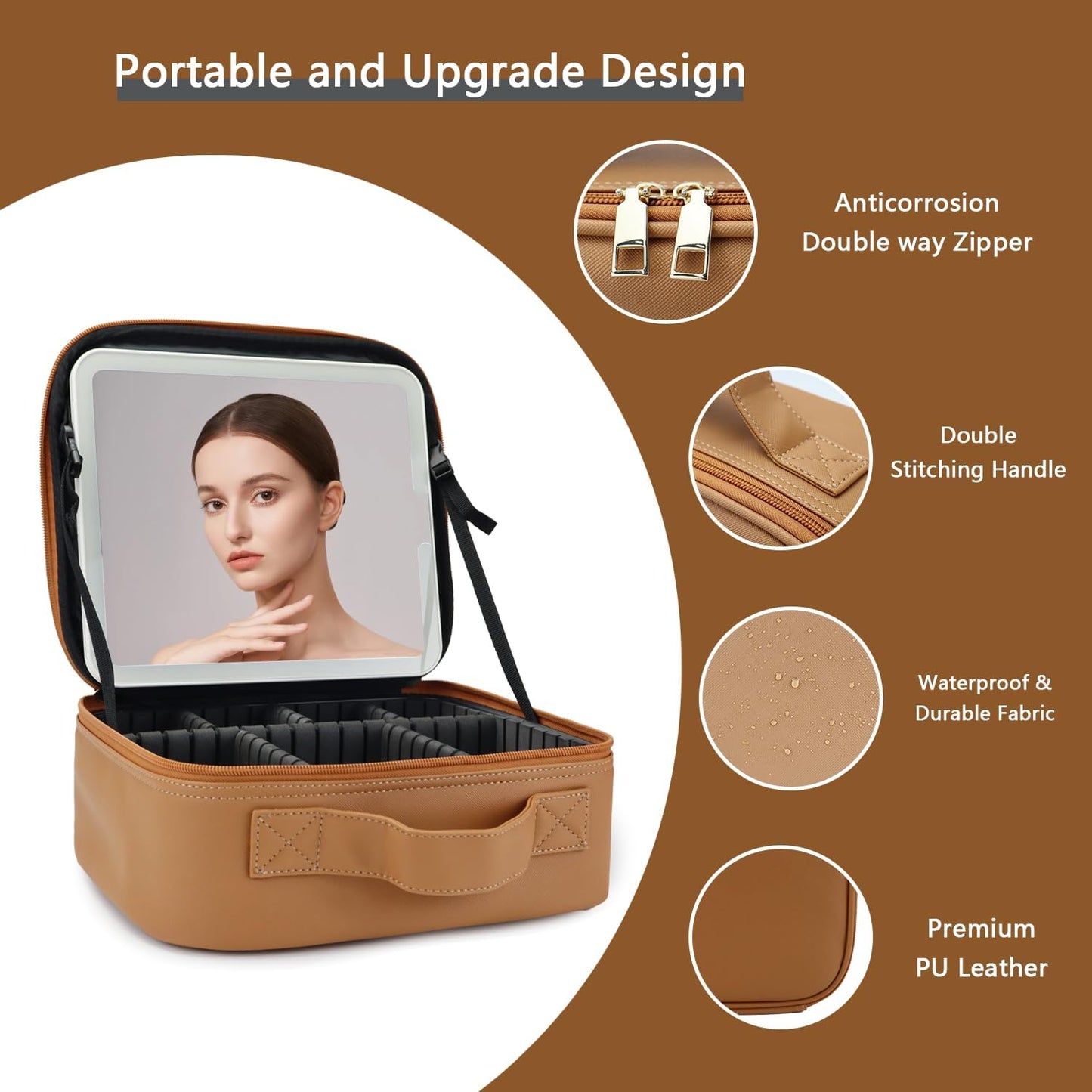 Makeup Bag with Led Mirror,Travel Makeup Organizer with 3 Color Setting & 10X Magnifying Mirror, Portable Storage and Adjustable Dividers Travel Makeup Bag-brown