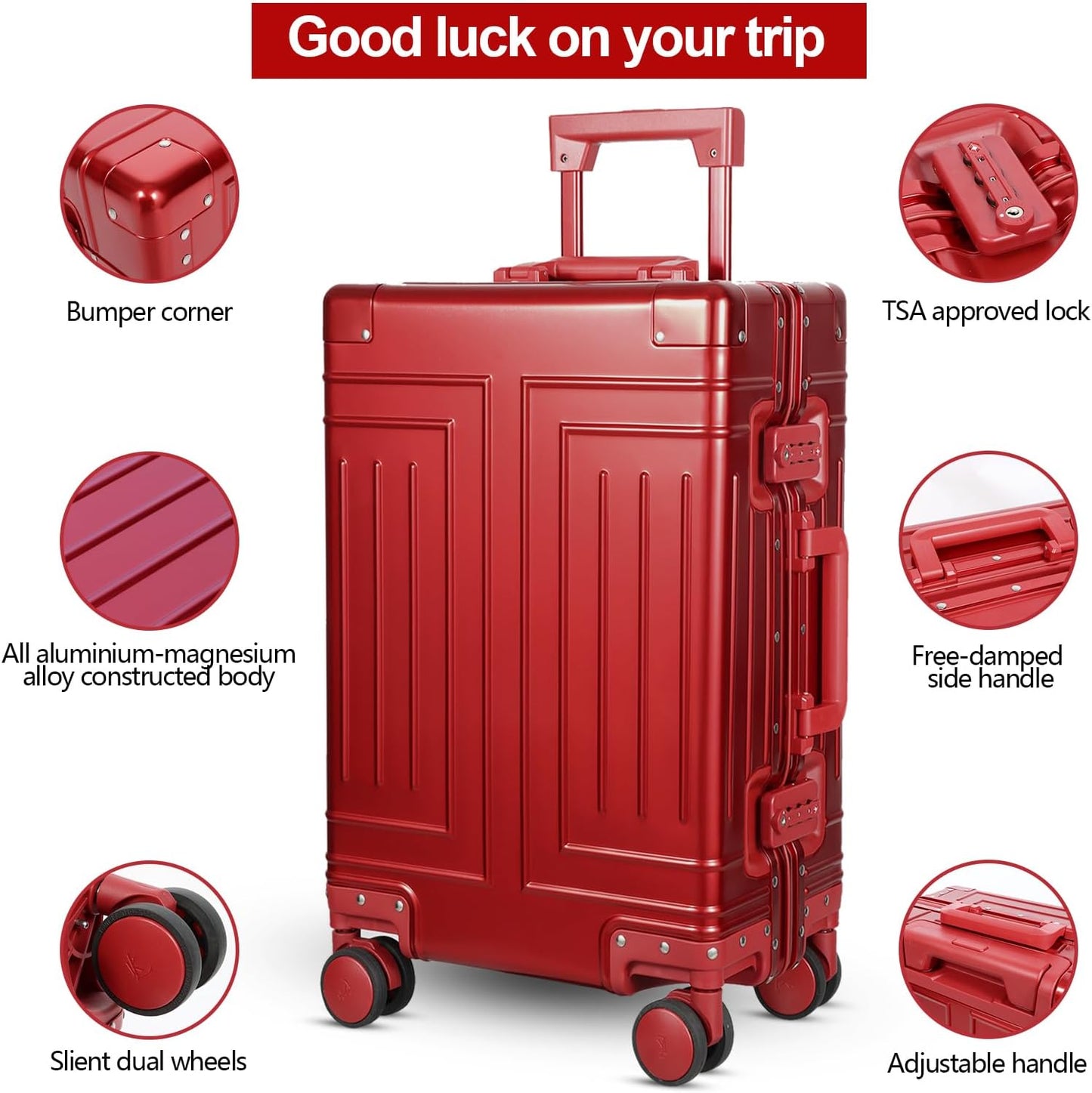 All Aluminum Carry On Luggage，Cut from Whole Aluminum Sheet，22x14x9 Airline Approved ，（3rd Generation，Premium All metal zipperless suitcase ） (red, 20inch)