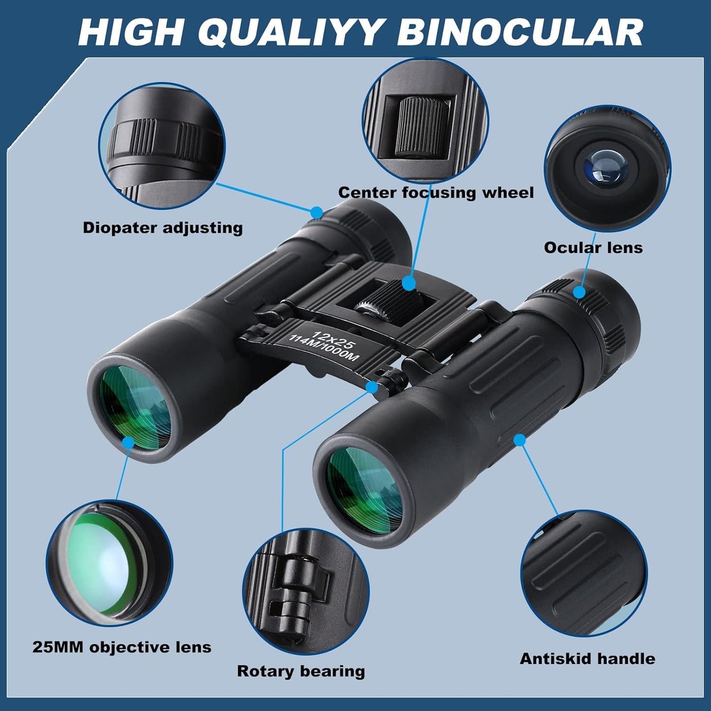 12x25 Compact Binoculars, High Powered Easy Focus Binoculars, Portable Large Eyepiece Binocular for Adults Kids Bird Watching,Opera Concert, Travel, Hiking, Outdoor Scenery, Football Game