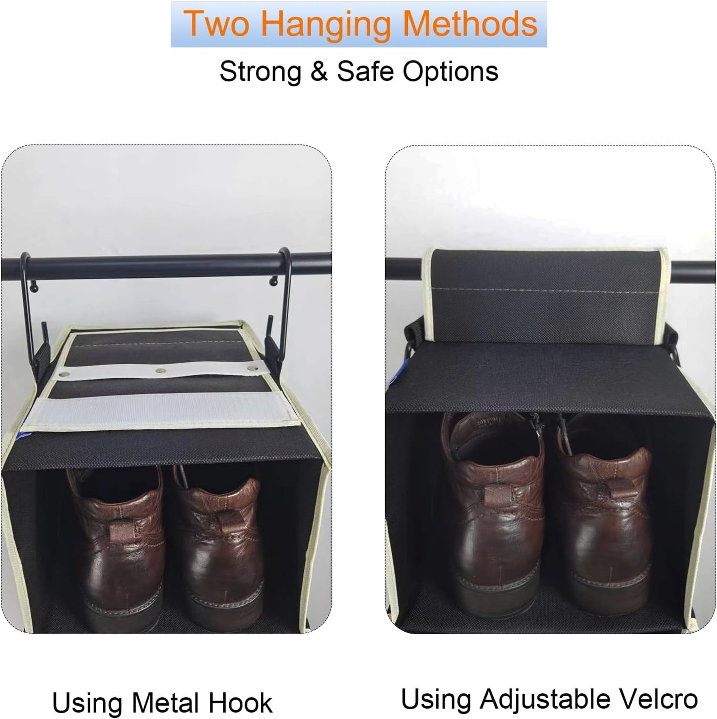 2 Pack Large-Sized Hanging Shoe Organizer 8-Shelf, Hanging Closet Organizer with 8 Side Pockets, Wider Hanging Shelves for Storage Shoes Clothes 9" W × 11.8" D× 48" H, Black.