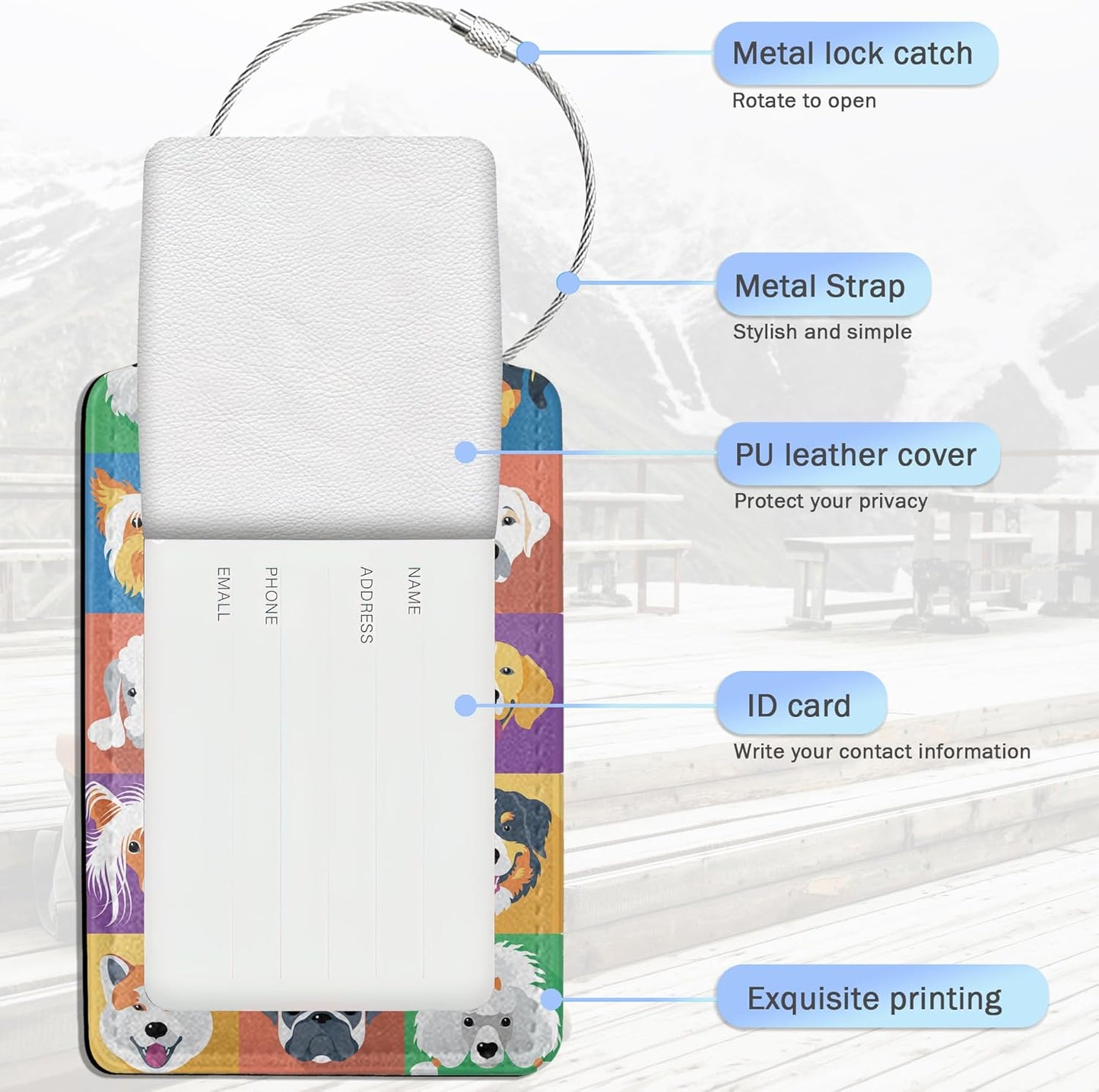 Cartoon Dog Icons Luggage Tags for Suitcase,Cute Dog Breeds Luggage Tags of Set 2 Leather Identifiers Privacy Cover with Stainless Steel Loop for Women Men Travel Bag Suitcase